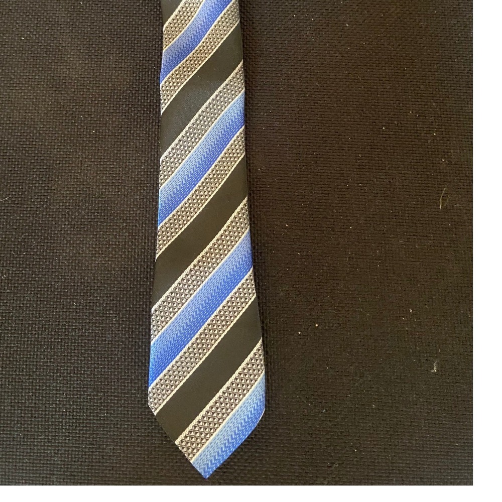 Mens Blue Black Silver Striped Clip-On Necktie Formal Uniform Accessory 14 Inch